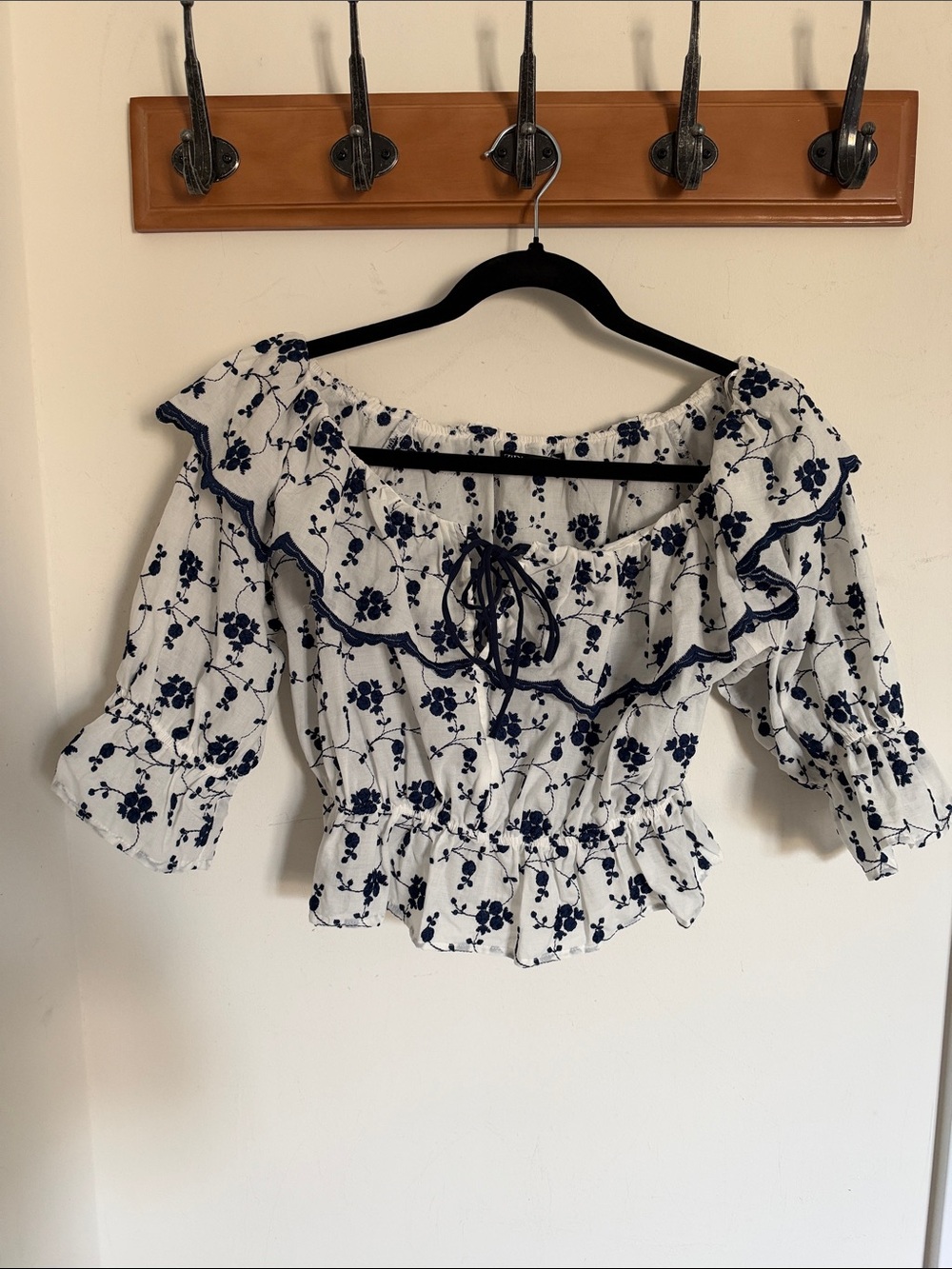 White and Navy Floral Ruffle Off-Shoulder Top